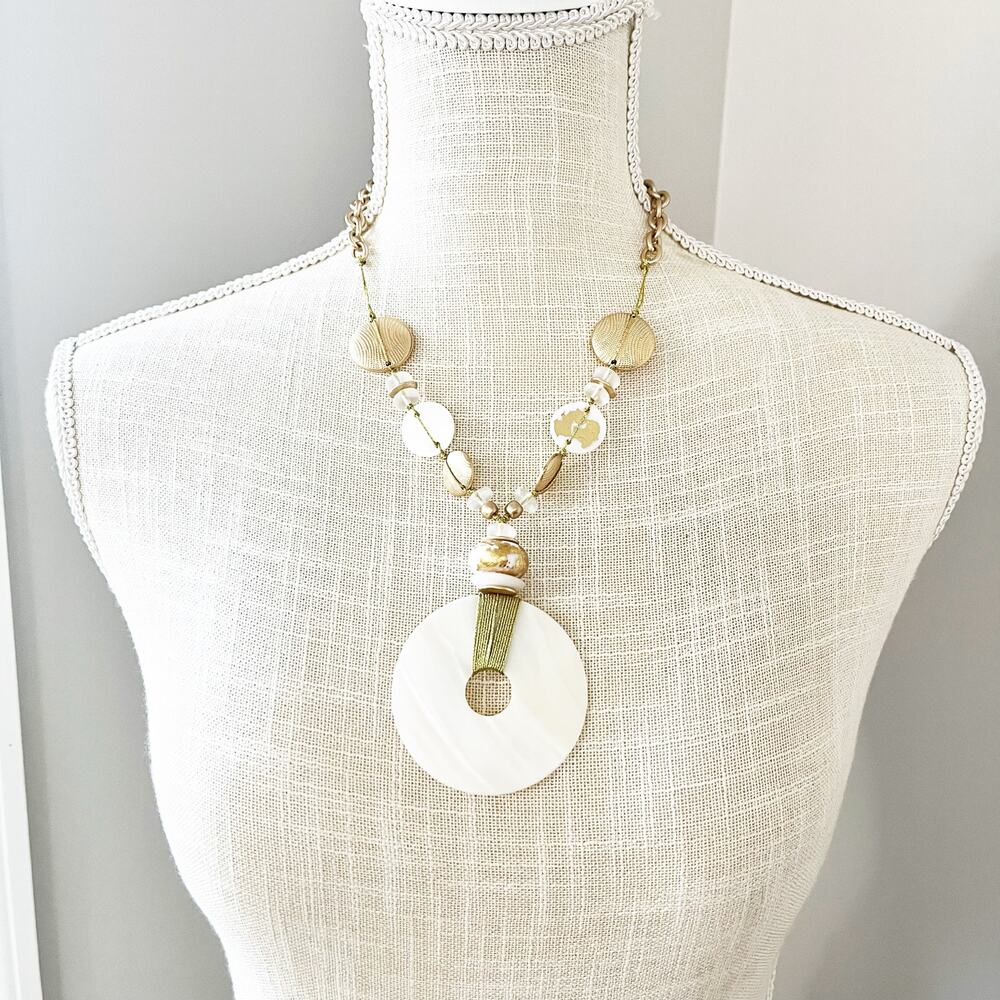 NEW Chico's White Abalone & Gold Tone Pendant Necklace
